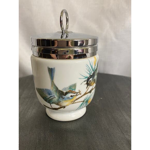 Vintage Royal Worcester Porcelain Egg Coddler with chrome top Birds Wren VGUC - Picture 6 of 16